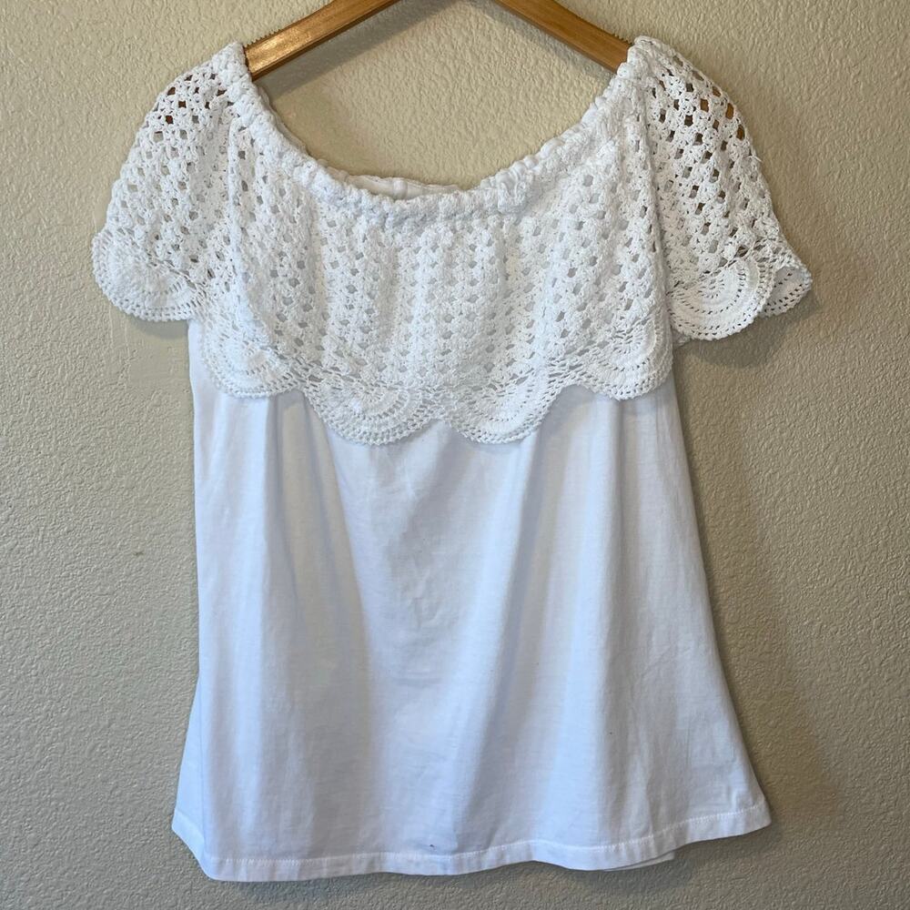 Collections Ect. Boho Cottage Off Shoulder Eyelet Crochet 100% Cotton Top Medium